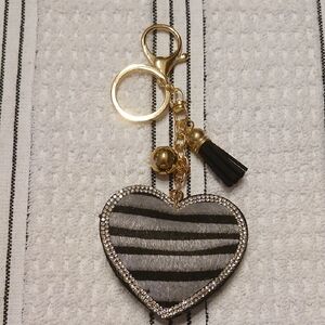 Gold-Tone Heart Stripe Keychain with Tassel - Black/Gray